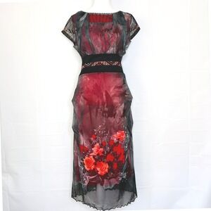 ANAC by Kimi Y2K Whimsigoth Fairy Red Mesh Overlay Midi Dress Black Floral Large